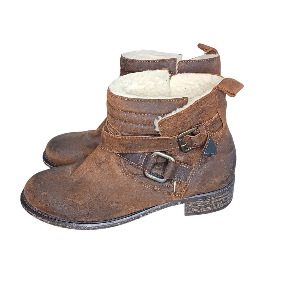 Sundance Italy Distressed Leather Moto Ankle Boots Fleece Lined Womens 6